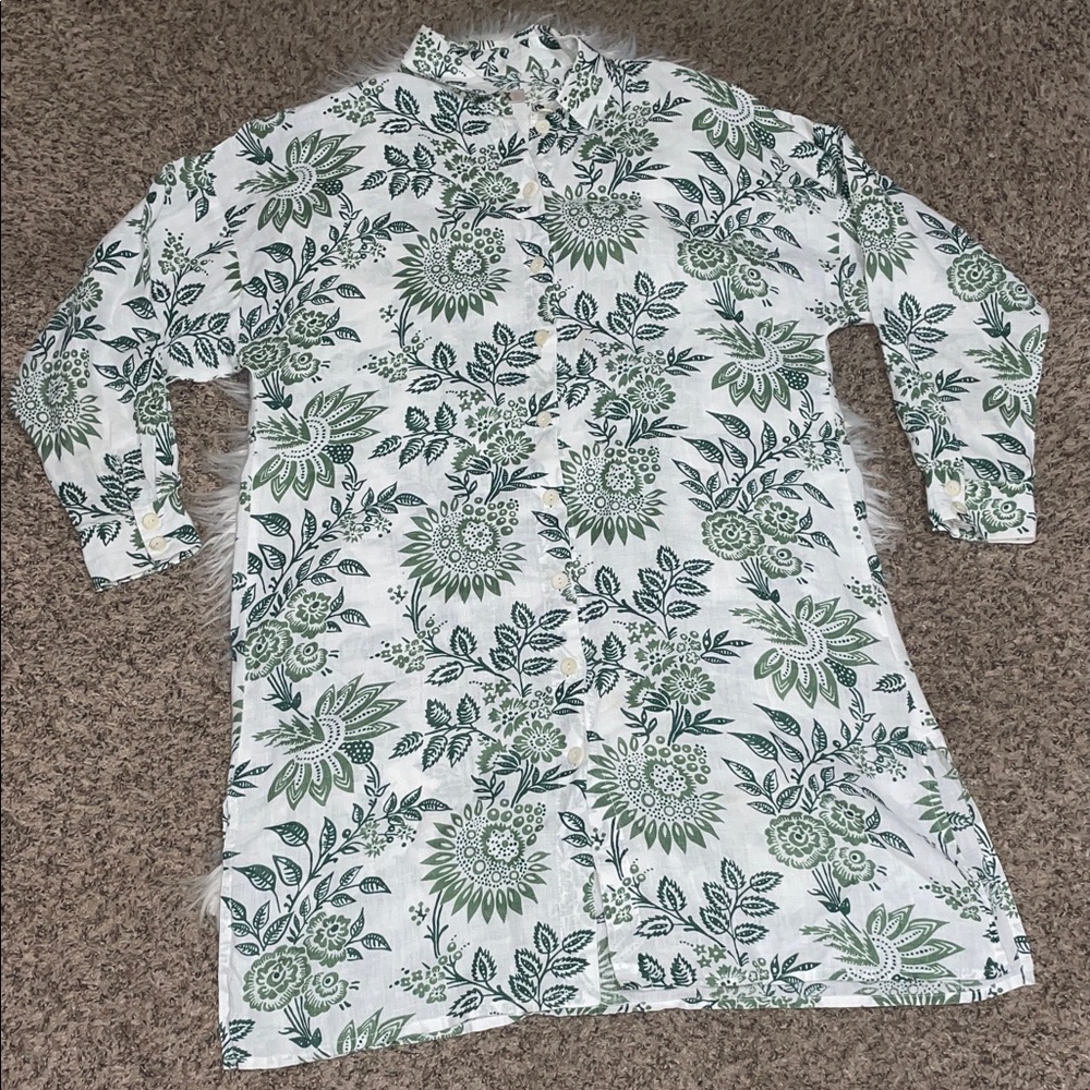 Flax Green and White Floral Casual Button Down Linen Shirt/Dress